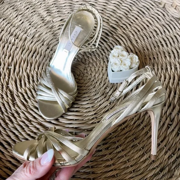 Casadei Gold Leather Strappy Woven Heeled Sandals - Picture 2 of 13